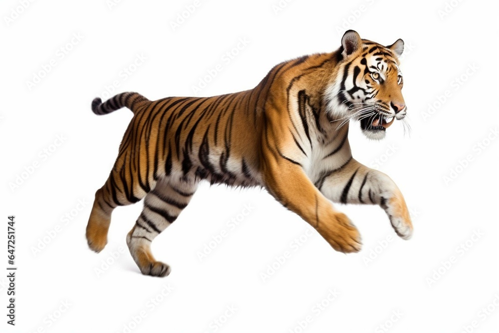 Roaring bengal tiger jumping, isolated on white. Generative AI