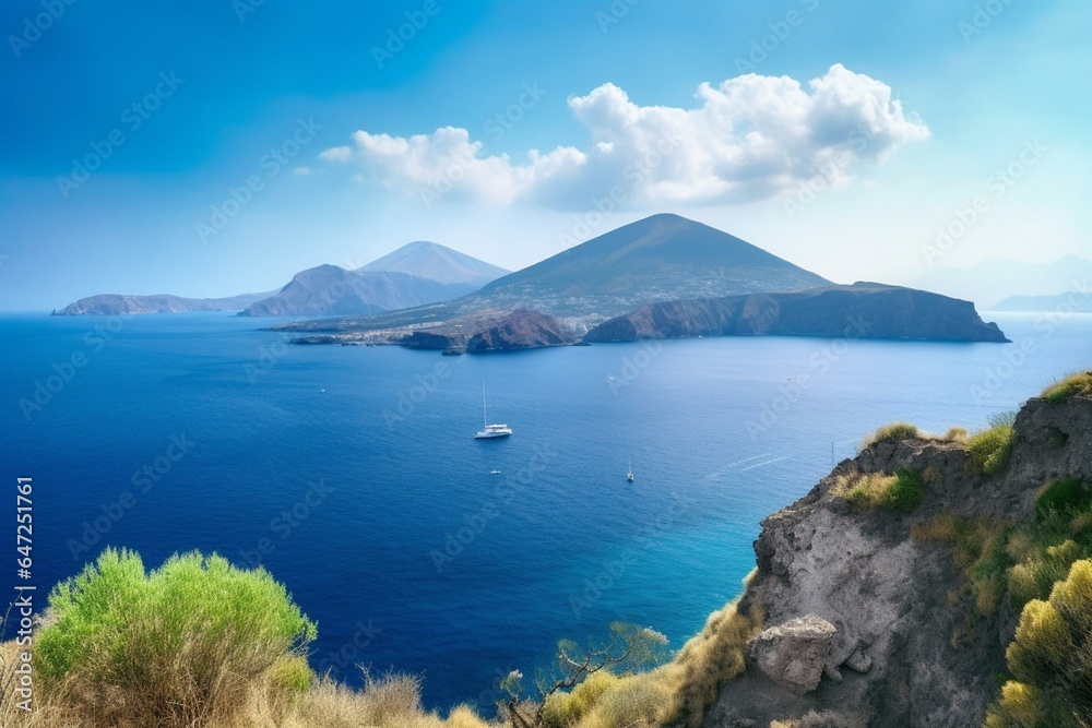 Scenic vista of Vulcano Island from Lipari Island. Generative AI