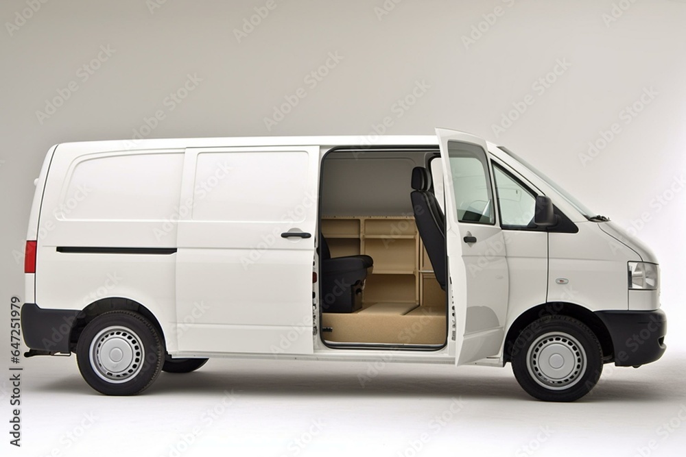 A roomy van with open cargo space, viewed from the side, set against a plain white backdrop. Generative AI