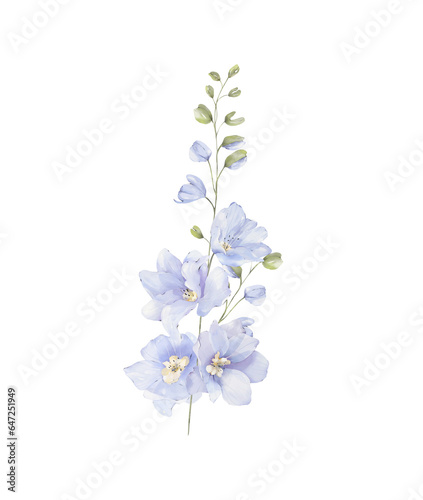 Billede på lærred Watercolor delphinium floral branch png, elegant wedding arrangement, blue blossom flowers