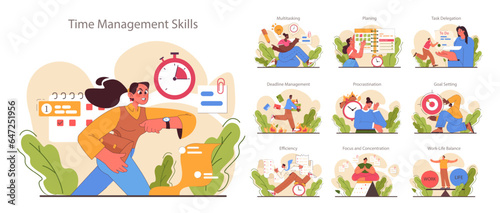 Time management skills set. Character with self-discipline. Planning