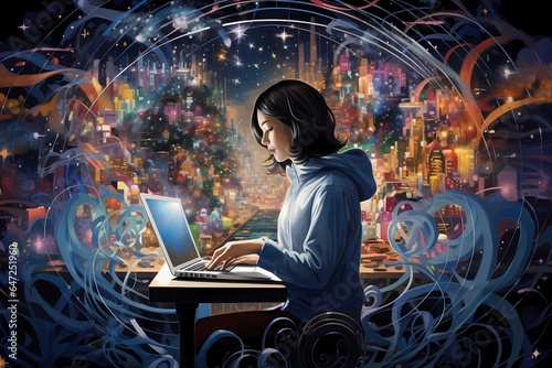 girl working at the computer, abstract composition