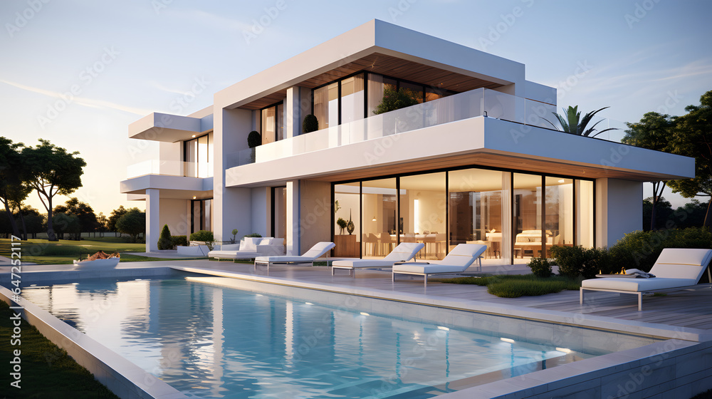 Fototapeta premium Exterior of modern minimalist cubic villa with balcony, terrace and swimming pool