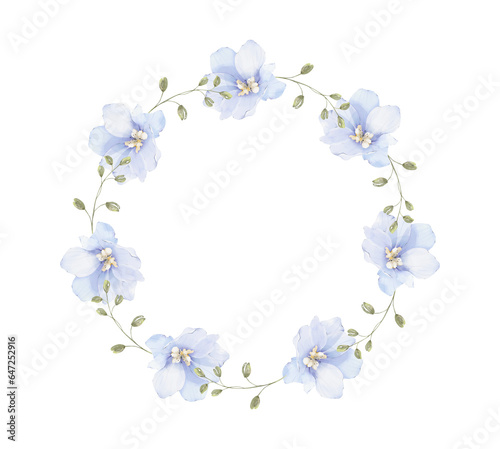 Watercolor delphinium floral wreath png, elegant wedding arrangement, blue blossom flowers.