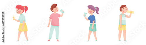 Sweaty People Characters Cooling Themselves with Drink and Fan in Hot Weather Vector Set