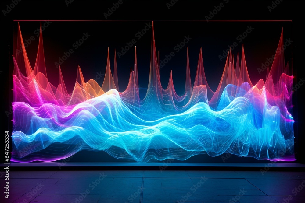 Lively, dynamic neon lights pulsate on seethrough backdrop for stage