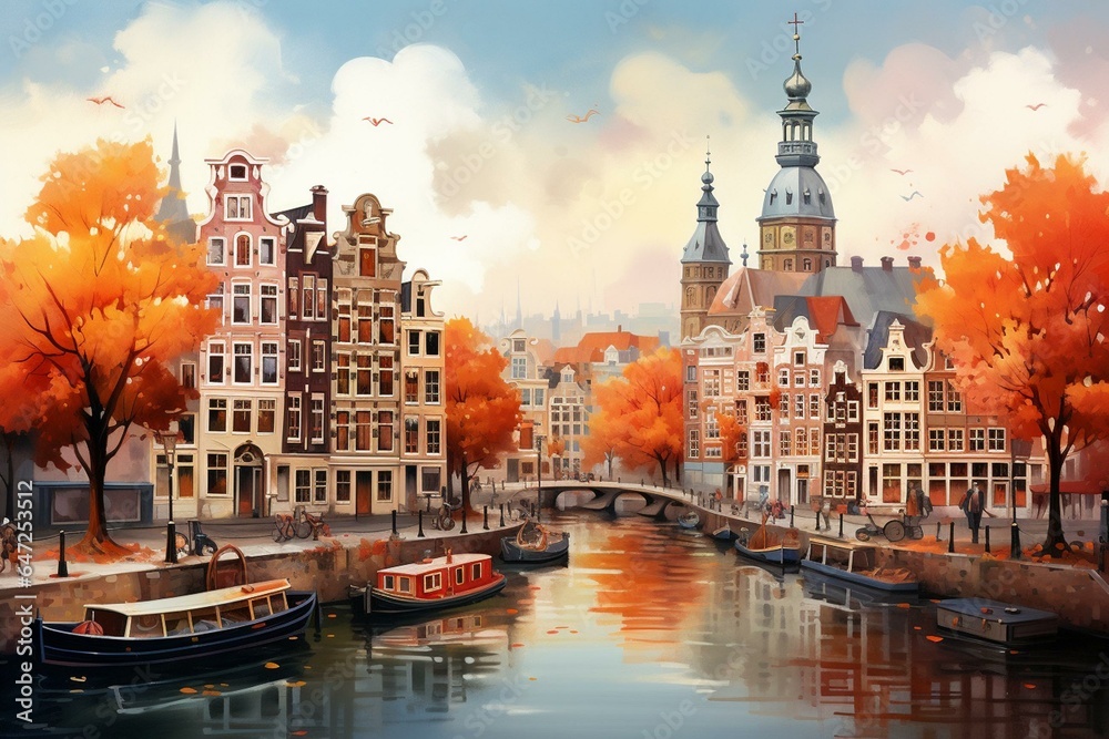 An illustration capturing the beauty of ancient Amsterdam. Generative AI