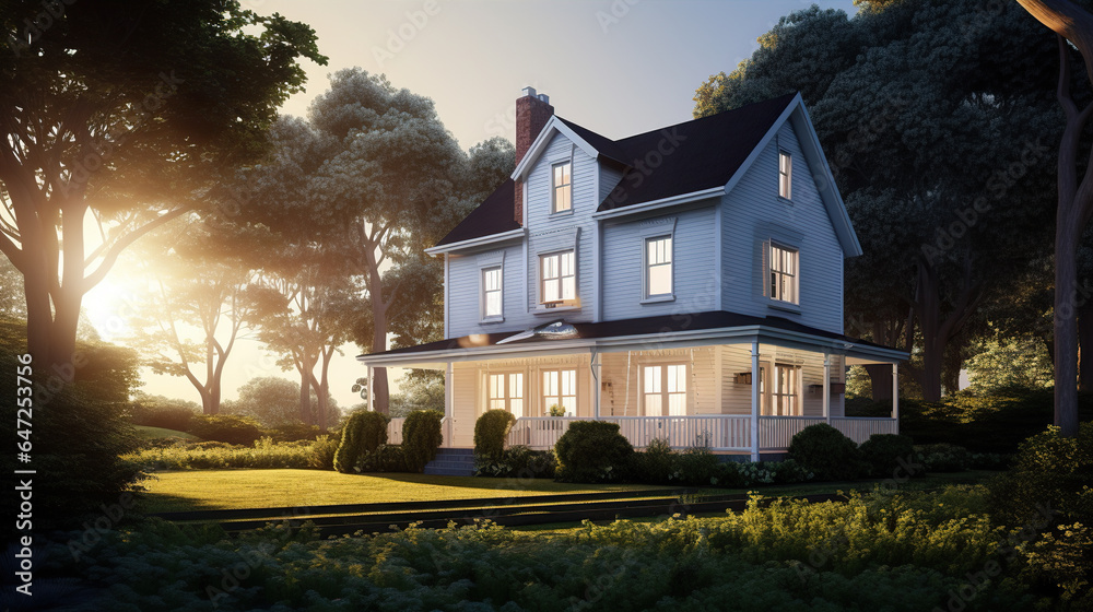 3d model of a country home, with the lawns and flowers