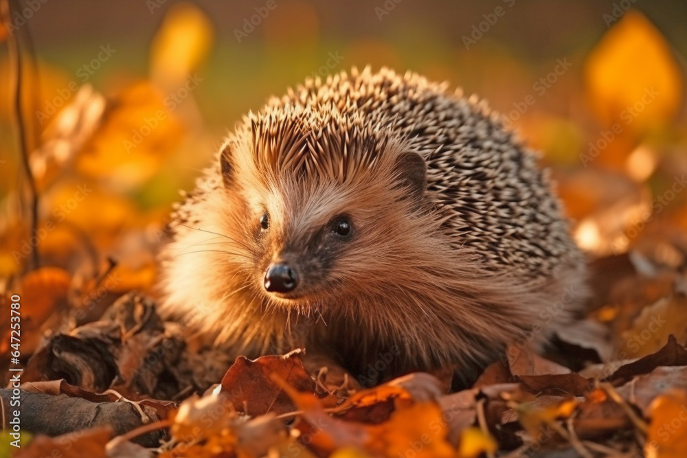 Hedgehog in fall forest with orange leaves Hedgehog in fall forest with orange leaves