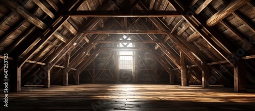 Building s attic with wooden roof beams