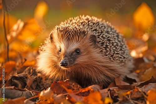 Hedgehog in fall forest with orange leaves