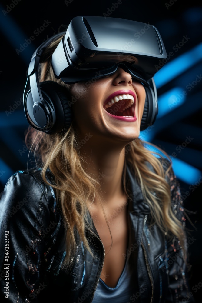 Photo of a woman wearing a leather jacket and virtual reality headset and headphones created with Generative AI technology Photo of a woman wearing a leather jacket and virtual reality headset and headphones created with Generative AI technology