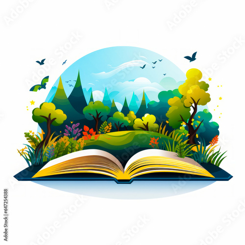 Open book with trees and grass on white background.