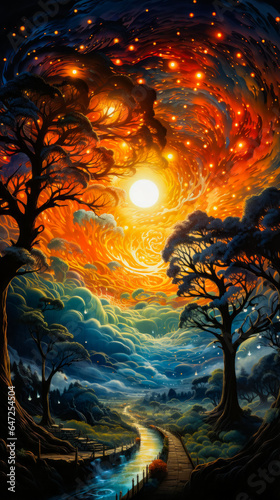 Image of sunset with trees in the foreground.