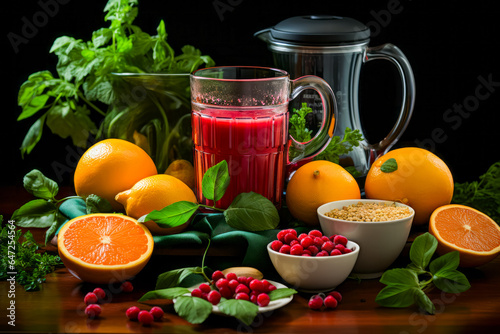 Table topped with oranges, cranberries and pitcher of juice.