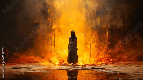 Image of woman standing in front of fire.