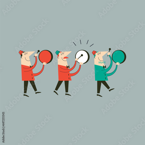 men beat the tambourine. Vintage cartoon style illustration, flat character design. Vector