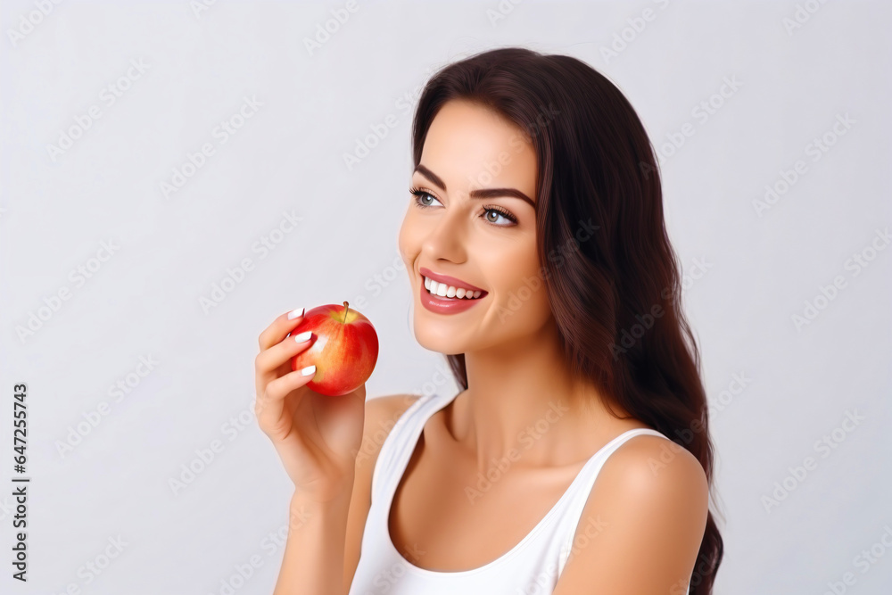 woman eating a red crisp apple isolated on white background woman eating a red crisp apple isolated on white background