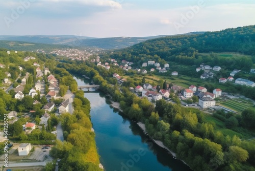 Aerial view of Bihac with Una river, streets, buildings, and houses. Generative AI