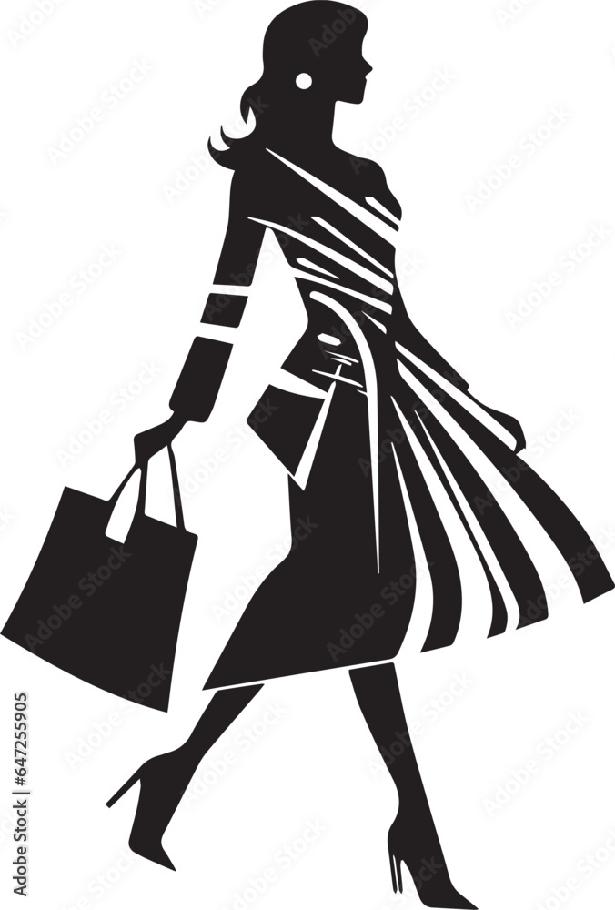 Shopping Frenzy Woman Black And White, Vector Template for Cutting and Printing