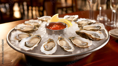 Cool gray tones emphasizing a platter of fresh oysters on ice.