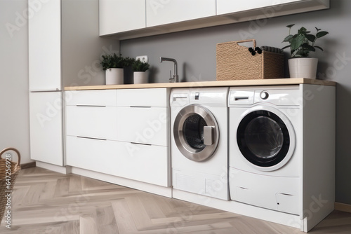 A spacious laundry room with front load washer and dryer set, stacked for maximum efficiency. Experience convenience with AI Generative technology.