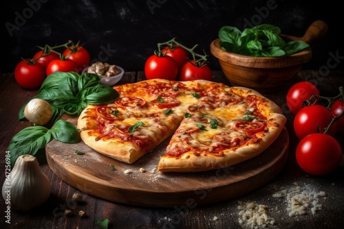 Delicious pizza topped with tomatoes and cheese, served in a cozy Italian pizzeria. Perfect for banners, posters, logos, or signboards. Generative AI