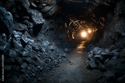 An underground passage for extracting coal ore with rail infrastructure, related to mining. Generative AI