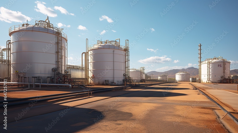 Obraz premium Oil refinery from industrial zone, oil and gas petrochemical industry, oil and gas storage tank pipeline steel oil refinery.