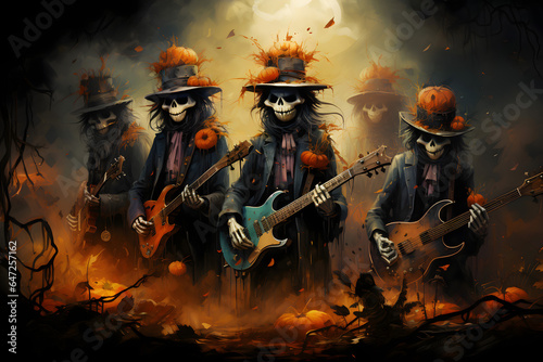 scary spooky halloween season, monster skull and crossbones halloween witch with pumpkin, halloween and October background	 photo