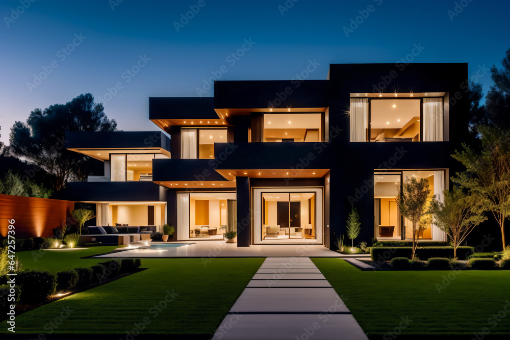 luxurious modern house with elegant garden lighting