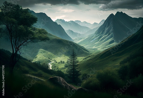 Russina mountains in the mountains, in the style of nature inspired imagery, green. Generative AI