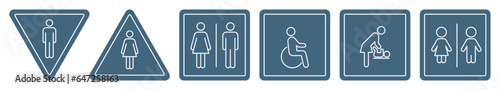 WC icons vector set: man, woman, disabled person, baby, boy, girl. Male and female line symbols for toilets, showers and fitting rooms. Collection of gender pictograms for lavatory.