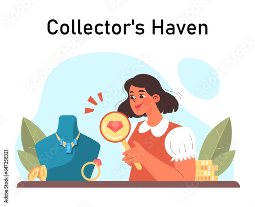 Jewelry collector. Female character buying a ring with a diamond. Rare