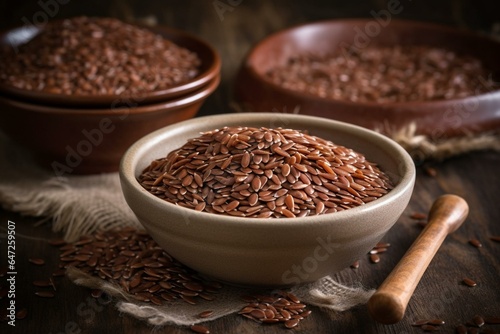 Dried flax seeds in a bowl. Generative AI