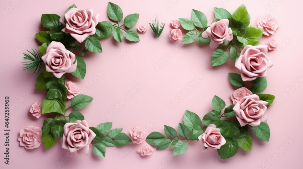 Banner with frame made of rose flowers and green leaves on a pink background. Springtime composition with copyspace