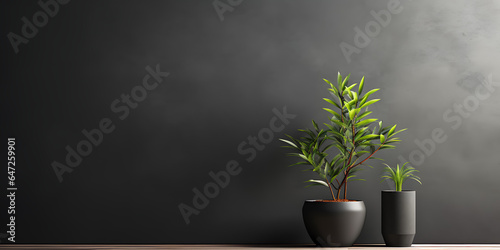 Interior background of room with black stucco wall and pot with plant 3d rendering