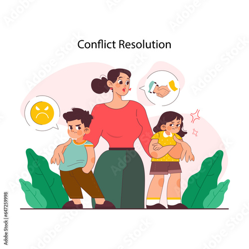 Positive parenting. Conflict resolution. Mother mediate her kids argument.
