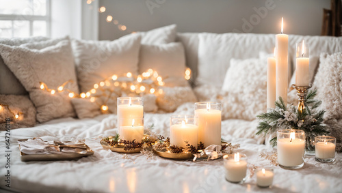Candles, pine cones, garland, Christmas tree on the table in the living room