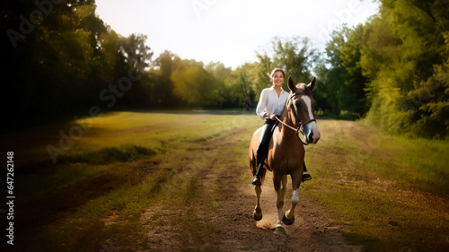 A beautiful brunette horsewoman in a white shirt rides on a horse in the forest.