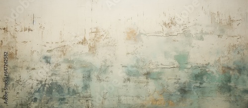 A worn weathered beige white cement surface with cracks mold and a distressed random patterned wallpaper in an interior building