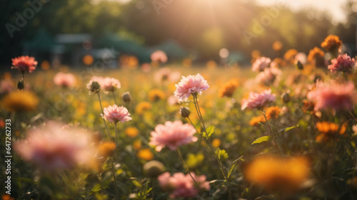 spring landscape, the warm embrace of sunset paints a vibrant meadow, where wildflowers sway, catching the golden rays in a picturesque symphony of nature.