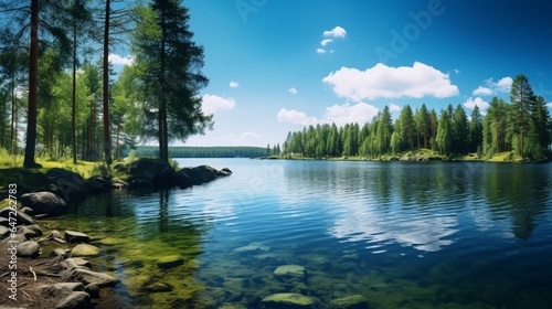 Beautiful lakeside view with lush green trees  blue sky and sunlight