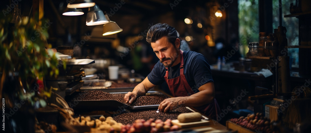 handsome hispanic roaster inspecting coffee beans