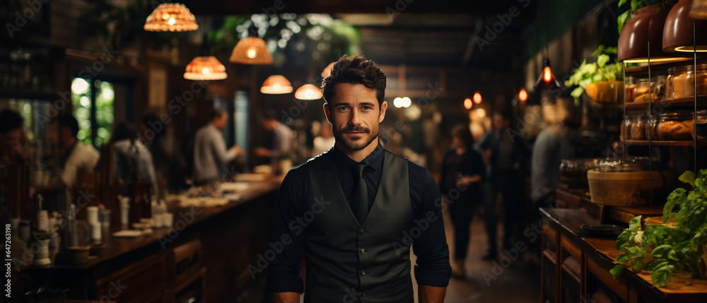 handsome latin waiter working in a cafe wearing shirt, tie