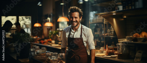 handsome hispanic cook laughing in a kitchen