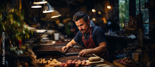 handsome hispanic roaster inspecting coffee beans