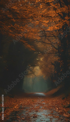The road in a forest is filled with autumn leaves
