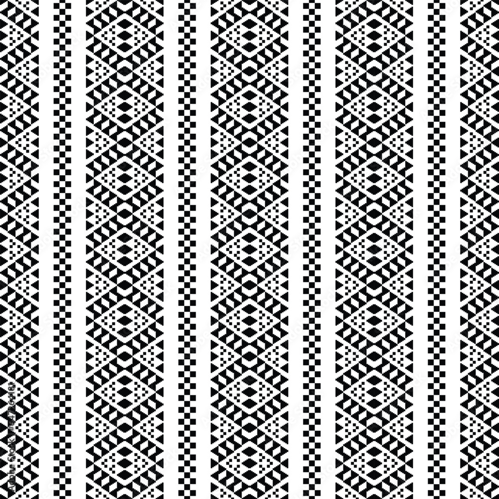 Aztec seamless ethnic pattern vector illustration. Pixel stripe style. Abstract tribal geometric unique art design for print fabric. Black and white color.