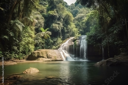 Scenic waterfall in lush jungle  serene park with wide river. Generative AI
